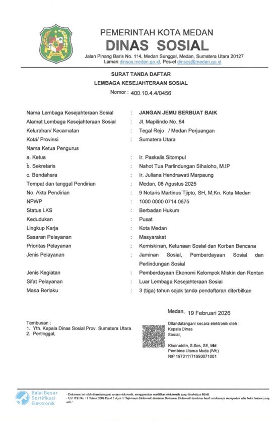 Yayasan JJBB Resmi Dapatkan Surat Tanda Daftar LKS dari Dinas Sosial Kota Medan picture2